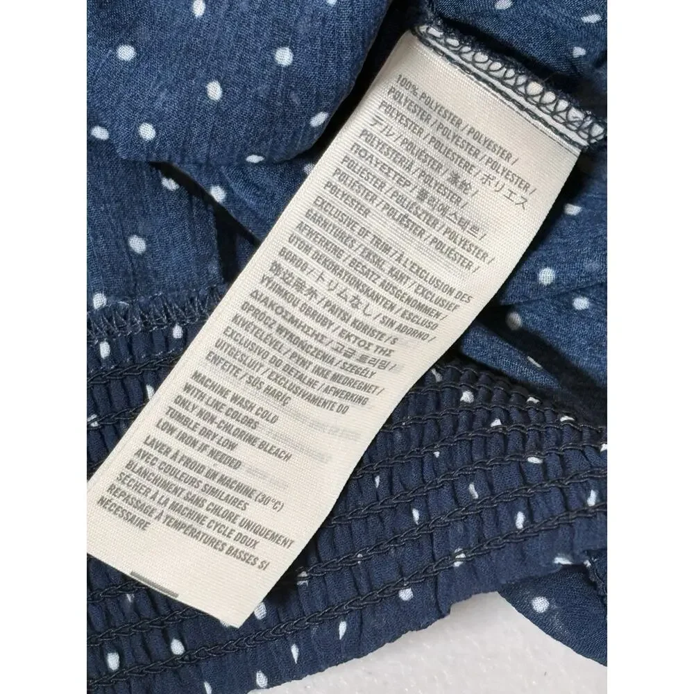 Abercrombie & Fitch Polka Dot Blouse Navy Blue Boho Smocking Puff Sleeve Sheer L
